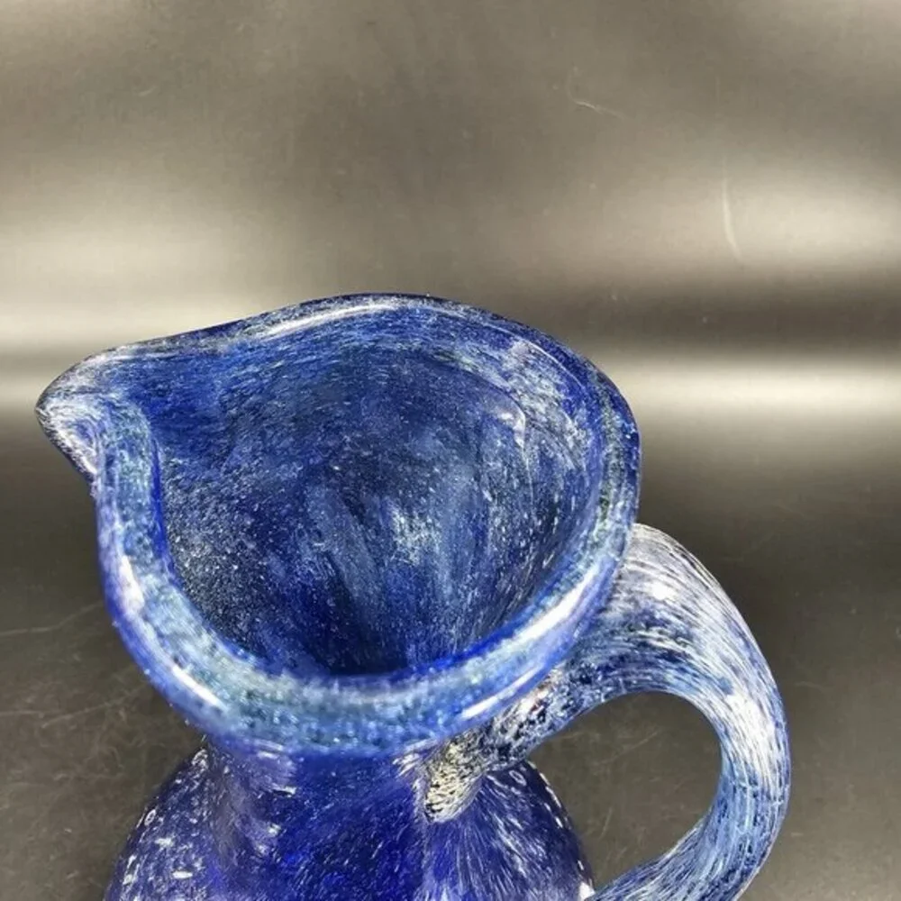 Hand Blown Glass Pitcher Carafe Brutalist Style With Bubbles Blue Yellow Glass‎